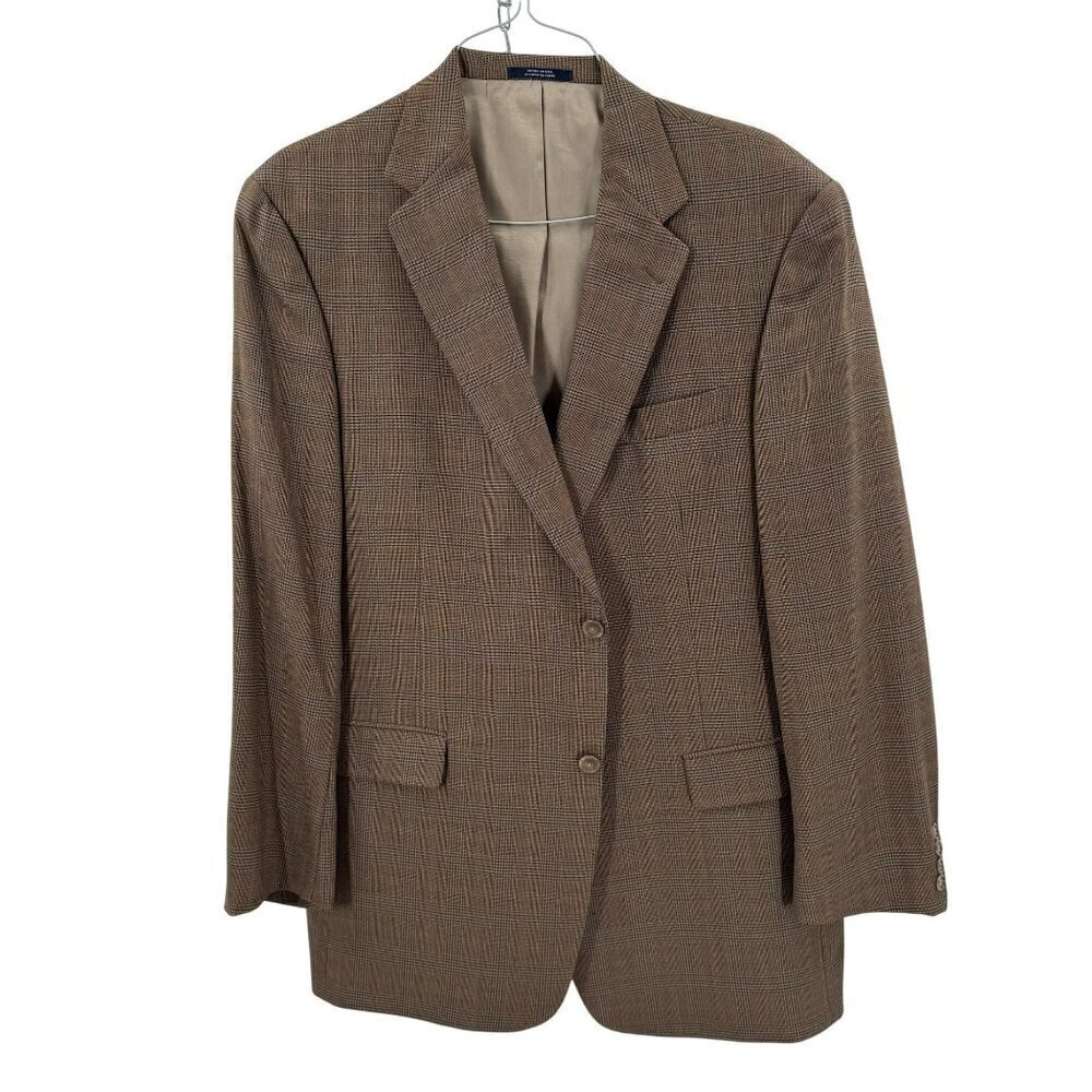 Hart Schaffner Marx Mens 44L Brown Plaid Blazer Jacket 2-Button Notch Lapel Unio